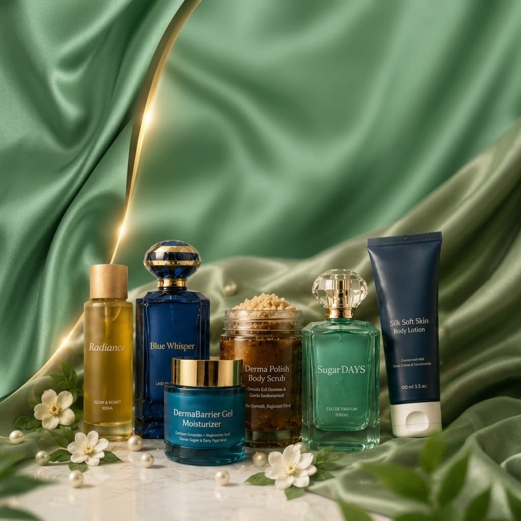 Lamé Signature Collection dermocosmetics products on emerald green silk