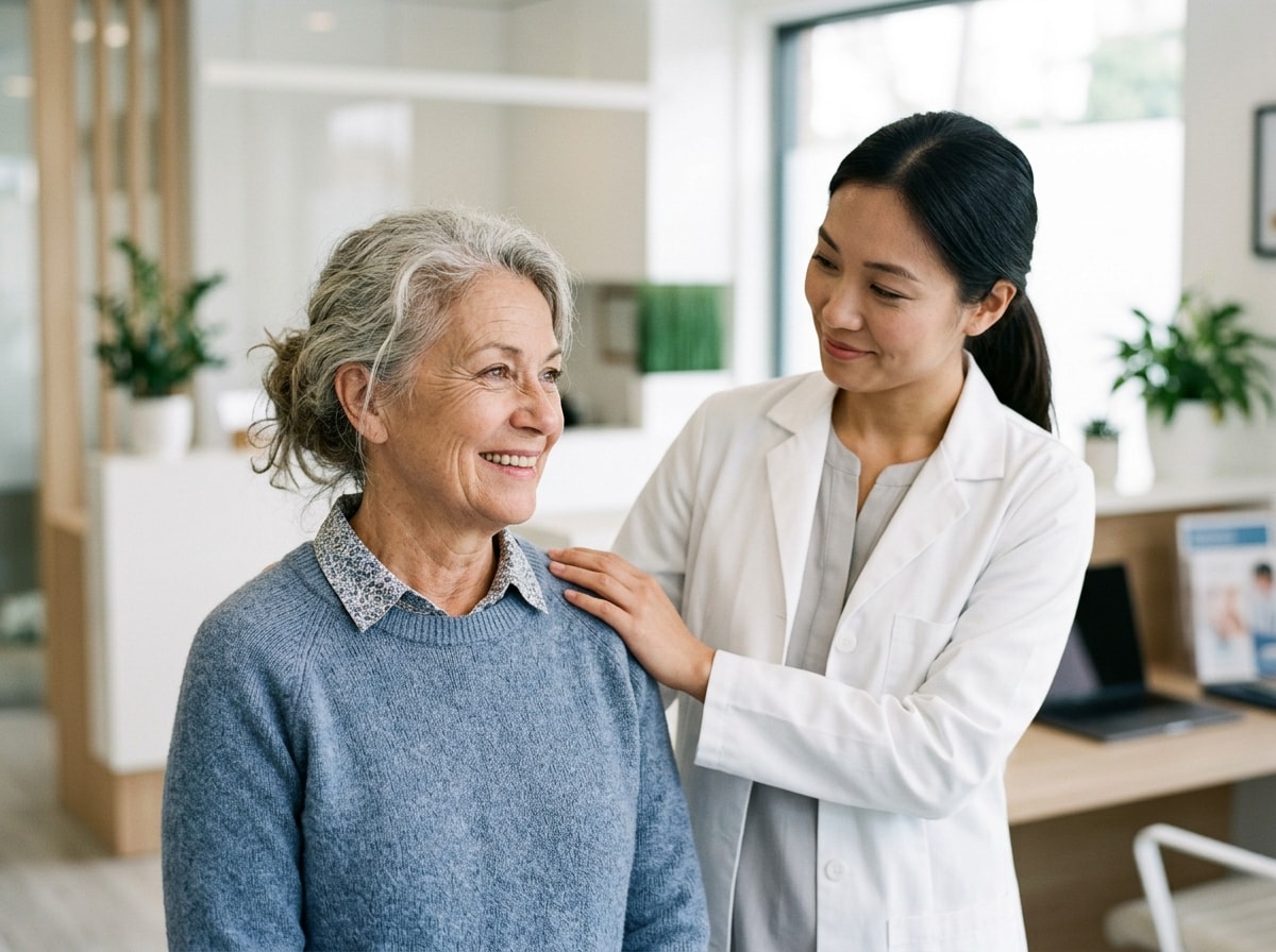 Compassionate healthcare pharmacist warmly caring for an older patient