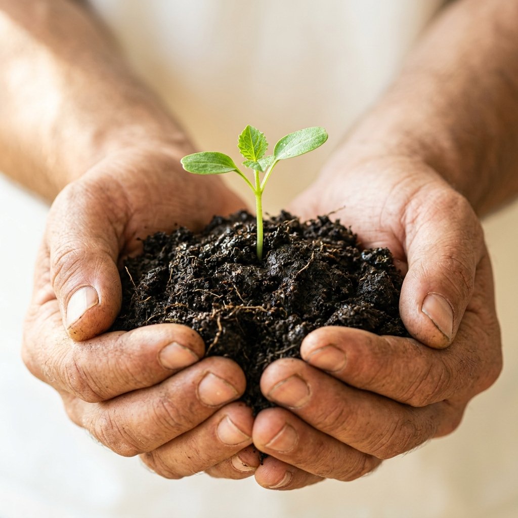 Hands gently holding soil with growing green plant seedling